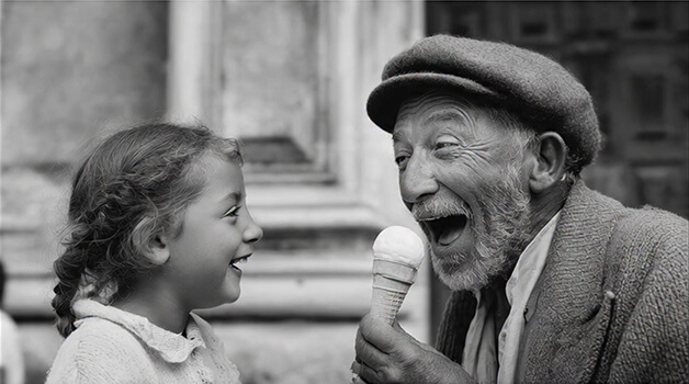 Un vieil homme italien qui tend une glace à une petite fille
